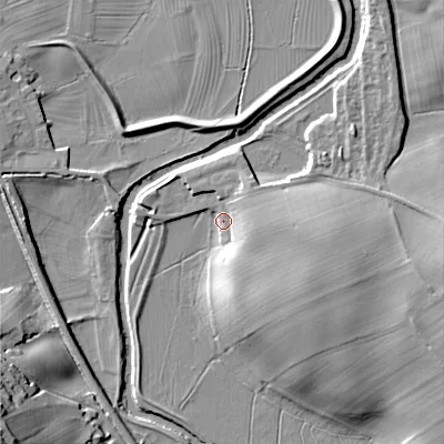 Shaded relief map of the ground around BD208LU, computed from Environment Agency LiDAR. The ground here sits at about 92 m above sea level and falls 27 m across the surrounding 800 m. Surface water reaching this point runs off ground lying to the south-east, 11.1 m higher.