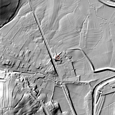 Shaded relief map of the ground around BD208LX, computed from Environment Agency LiDAR. The ground here sits at about 98 m above sea level and falls 70 m across the surrounding 800 m. Surface water reaching this point runs off ground lying to the west-south-west, 5.1 m higher.