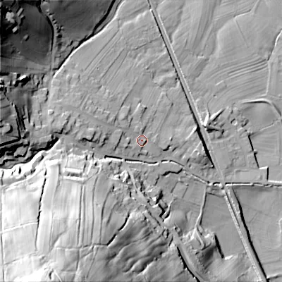 Shaded relief map of the ground around BD208NA, computed from Environment Agency LiDAR. The ground here sits at about 102 m above sea level and falls 90 m across the surrounding 800 m. Surface water reaching this point runs off ground lying to the west, 9.8 m higher.