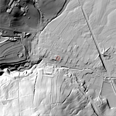Shaded relief map of the ground around BD208NP, computed from Environment Agency LiDAR. The ground here sits at about 107 m above sea level and falls 87 m across the surrounding 800 m. Surface water reaching this point runs off ground lying to the west, 1.8 m higher.