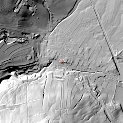 Shaded relief map of the ground around BD208NR, computed from Environment Agency LiDAR. The ground here sits at about 109 m above sea level and falls 87 m across the surrounding 800 m. Surface water reaching this point runs off ground lying to the south-west, 72.2 m higher.