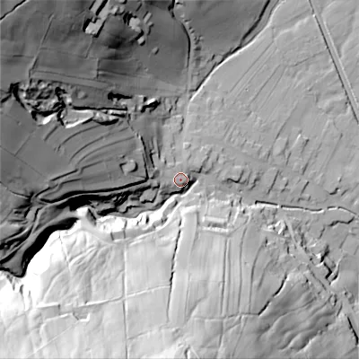 Shaded relief map of the ground around BD208NT, computed from Environment Agency LiDAR. The ground here sits at about 113 m above sea level and falls 95 m across the surrounding 800 m. Surface water reaching this point runs off ground lying to the west-north-west, 44.8 m higher.