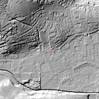 Shaded relief map of the ground around BD208PL, computed from Environment Agency LiDAR. The ground here sits at about 107 m above sea level and falls 46 m across the surrounding 800 m. Surface water reaching this point runs off ground lying to the north-north-west, 15.7 m higher.