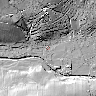 Shaded relief map of the ground around BD208PN, computed from Environment Agency LiDAR. The ground here sits at about 109 m above sea level and falls 46 m across the surrounding 800 m. Surface water reaching this point runs off ground lying to the north-west, 40.1 m higher.