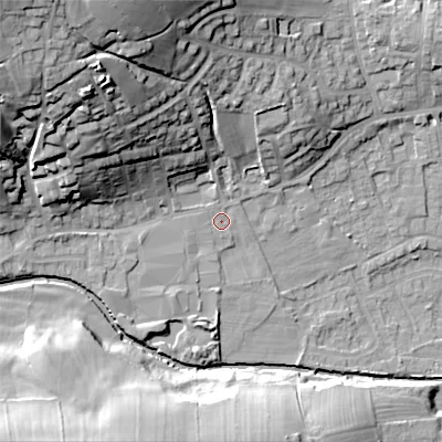 Shaded relief map of the ground around BD208PP, computed from Environment Agency LiDAR. The ground here sits at about 107 m above sea level and falls 43 m across the surrounding 800 m. Surface water reaching this point runs off ground lying to the north-west, 37.7 m higher.