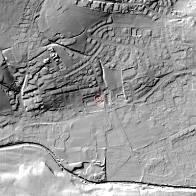 Shaded relief map of the ground around BD208PR, computed from Environment Agency LiDAR. The ground here sits at about 108 m above sea level and falls 51 m across the surrounding 800 m. Surface water reaching this point runs off ground lying to the north-west, 29.4 m higher.