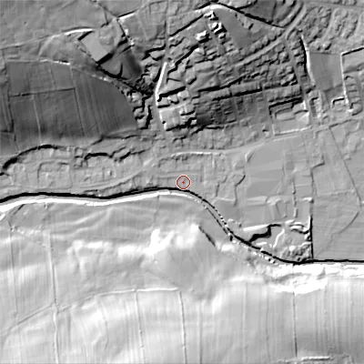 Shaded relief map of the ground around BD208PW, computed from Environment Agency LiDAR. The ground here sits at about 110 m above sea level and falls 46 m across the surrounding 800 m. Surface water reaching this point runs off ground lying to the north-west, 39.6 m higher.