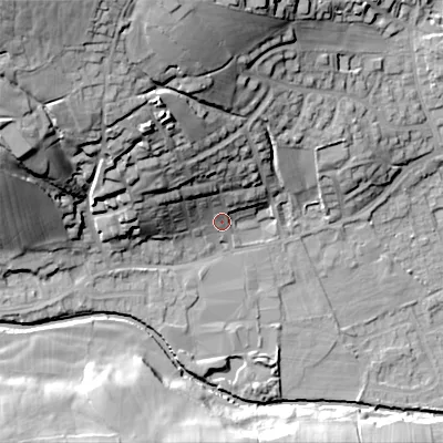 Shaded relief map of the ground around BD208QB, computed from Environment Agency LiDAR. The ground here sits at about 110 m above sea level and falls 50 m across the surrounding 800 m. Surface water reaching this point runs off ground lying to the north-north-west, 19.2 m higher.