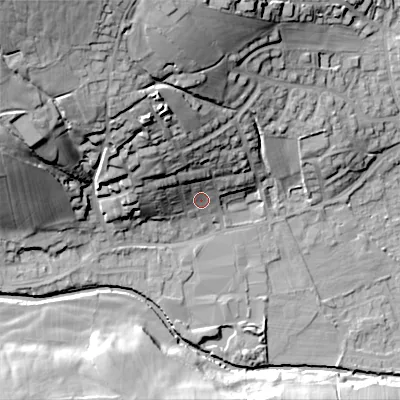 Shaded relief map of the ground around BD208QE, computed from Environment Agency LiDAR. The ground here sits at about 112 m above sea level and falls 52 m across the surrounding 800 m. Surface water reaching this point runs off ground lying to the north-north-west, 15.6 m higher.