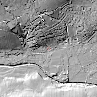 Shaded relief map of the ground around BD208QJ, computed from Environment Agency LiDAR. The ground here sits at about 109 m above sea level and falls 48 m across the surrounding 800 m. Surface water reaching this point runs off ground lying to the north-north-west, 29.9 m higher.