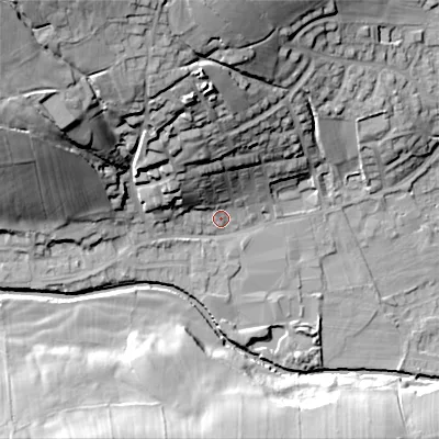 Shaded relief map of the ground around BD208QN, computed from Environment Agency LiDAR. The ground here sits at about 110 m above sea level and falls 48 m across the surrounding 800 m. Surface water reaching this point runs off ground lying to the north-north-west, 17.0 m higher.