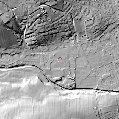 Shaded relief map of the ground around BD208QP, computed from Environment Agency LiDAR. The ground here sits at about 108 m above sea level and falls 42 m across the surrounding 800 m. Surface water reaching this point runs off ground lying to the west-north-west, 29.7 m higher.
