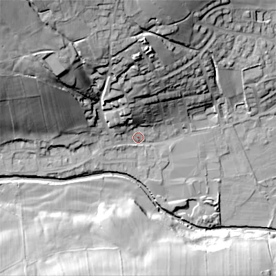Shaded relief map of the ground around BD208QR, computed from Environment Agency LiDAR. The ground here sits at about 110 m above sea level and falls 49 m across the surrounding 800 m. Surface water reaching this point runs off ground lying to the north-west, 43.2 m higher.