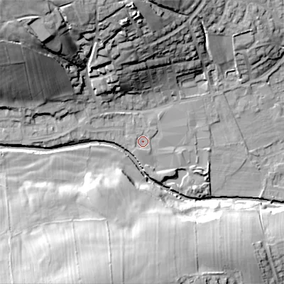 Shaded relief map of the ground around BD208QW, computed from Environment Agency LiDAR. The ground here sits at about 109 m above sea level and falls 43 m across the surrounding 800 m. Surface water reaching this point runs off ground lying to the north-west, 34.6 m higher.