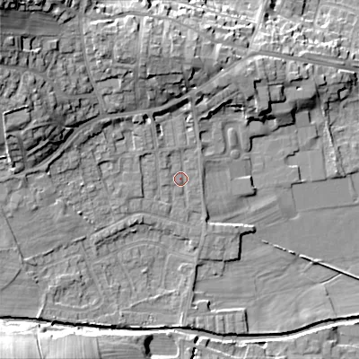Shaded relief map of the ground around BD208TW, computed from Environment Agency LiDAR. The ground here sits at about 103 m above sea level and falls 31 m across the surrounding 800 m. Surface water reaching this point runs off ground lying to the north-west, 21.4 m higher.