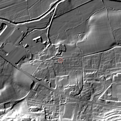 Shaded relief map of the ground around BD208UY, computed from Environment Agency LiDAR. The ground here sits at about 96 m above sea level and falls 35 m across the surrounding 800 m. Surface water reaching this point runs off ground lying to the south-south-west, 5.4 m higher.