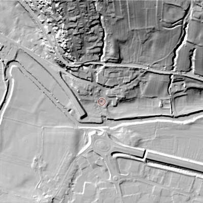 Shaded relief map of the ground around BD209BD, computed from Environment Agency LiDAR. The ground here sits at about 91 m above sea level and falls 65 m across the surrounding 800 m. Surface water reaching this point runs off ground lying to the north-north-west, 53.4 m higher.