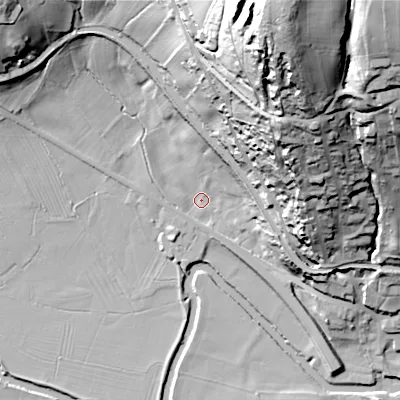 Shaded relief map of the ground around BD209BT, computed from Environment Agency LiDAR. The ground here sits at about 92 m above sea level and falls 91 m across the surrounding 800 m. Surface water reaching this point runs off ground lying to the north-west, 34.8 m higher.