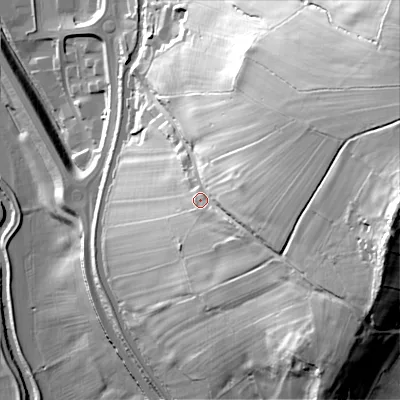 Shaded relief map of the ground around BD209HA, computed from Environment Agency LiDAR. The ground here sits at about 131 m above sea level and falls 88 m across the surrounding 800 m. Surface water reaching this point runs off ground lying to the east-north-east, 27.7 m higher.