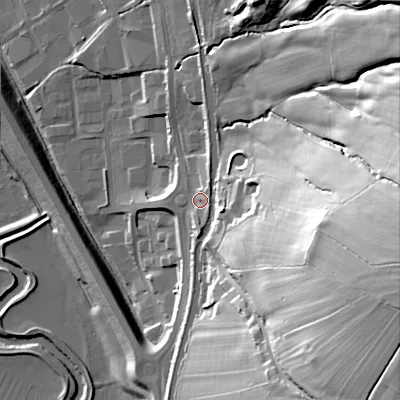 Shaded relief map of the ground around BD209HB, computed from Environment Agency LiDAR. The ground here sits at about 104 m above sea level and falls 71 m across the surrounding 800 m. Surface water reaching this point runs off ground lying to the east, 34.1 m higher.
