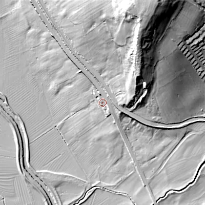Shaded relief map of the ground around BD209HF, computed from Environment Agency LiDAR. The ground here sits at about 100 m above sea level and falls 66 m across the surrounding 800 m. Surface water reaching this point runs off ground lying to the north-north-west, 6.4 m higher.