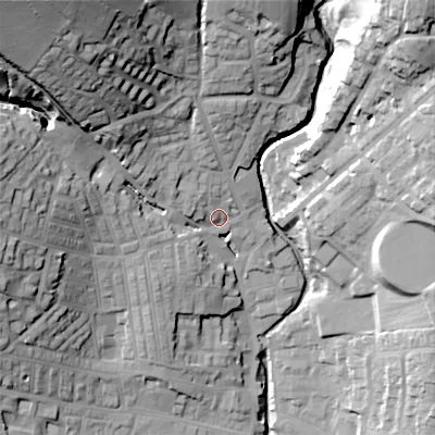 Shaded relief map of the ground around BD209NB, computed from Environment Agency LiDAR. The ground here sits at about 115 m above sea level and falls 61 m across the surrounding 800 m. Surface water reaching this point runs off ground lying to the north-west, 47.1 m higher.