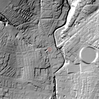 Shaded relief map of the ground around BD209ND, computed from Environment Agency LiDAR. The ground here sits at about 113 m above sea level and falls 57 m across the surrounding 800 m. Surface water reaching this point runs off ground lying to the north-west, 46.9 m higher.
