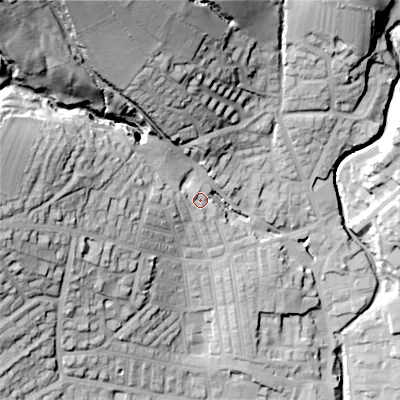 Shaded relief map of the ground around BD209NL, computed from Environment Agency LiDAR. The ground here sits at about 122 m above sea level and falls 74 m across the surrounding 800 m. Surface water reaching this point runs off ground lying to the west, 10.2 m higher.