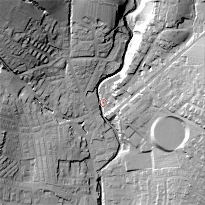 Shaded relief map of the ground around BD209PA, computed from Environment Agency LiDAR. The ground here sits at about 112 m above sea level and falls 63 m across the surrounding 800 m. Surface water reaching this point runs off ground lying to the north-east, 40.7 m higher.