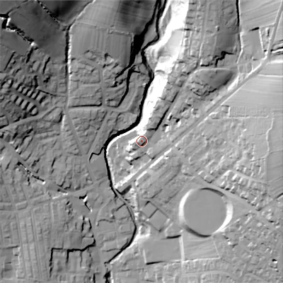 Shaded relief map of the ground around BD209PE, computed from Environment Agency LiDAR. The ground here sits at about 124 m above sea level and falls 65 m across the surrounding 800 m. Surface water reaching this point runs off ground lying to the north-east, 37.7 m higher.