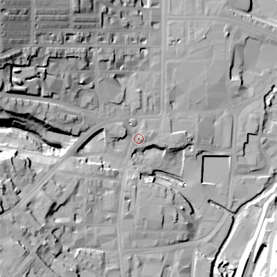 Shaded relief map of the ground around BD211AA, computed from Environment Agency LiDAR. The ground here sits at about 110 m above sea level and falls 55 m across the surrounding 800 m. Surface water reaching this point runs off ground lying to the north-west, 37.0 m higher.