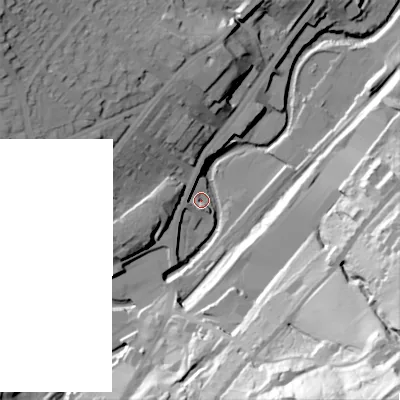 Shaded relief map of the ground around BD211AH, computed from Environment Agency LiDAR. The ground here sits at about 112 m above sea level and falls 96 m across the surrounding 800 m. Surface water reaching this point runs off ground lying to the north-west, 36.9 m higher.