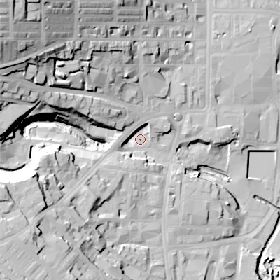 Shaded relief map of the ground around BD211AJ, computed from Environment Agency LiDAR. The ground here sits at about 109 m above sea level and falls 62 m across the surrounding 800 m. Surface water reaching this point runs off ground lying to the south-west, 27.0 m higher.