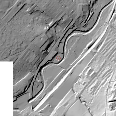 Shaded relief map of the ground around BD211DB, computed from Environment Agency LiDAR. The ground here sits at about 110 m above sea level and falls 99 m across the surrounding 800 m. Surface water reaching this point runs off ground lying to the west, 6.3 m higher.