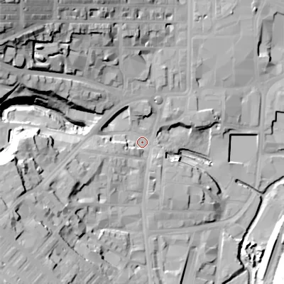 Shaded relief map of the ground around BD211NP, computed from Environment Agency LiDAR. The ground here sits at about 109 m above sea level and falls 57 m across the surrounding 800 m. Surface water reaching this point runs off ground lying to the west-south-west, 14.6 m higher.