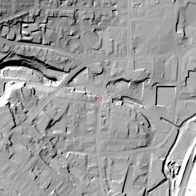 Shaded relief map of the ground around BD211NR, computed from Environment Agency LiDAR. The ground here sits at about 110 m above sea level and falls 54 m across the surrounding 800 m. Surface water reaching this point runs off ground lying to the west-south-west, 14.6 m higher.