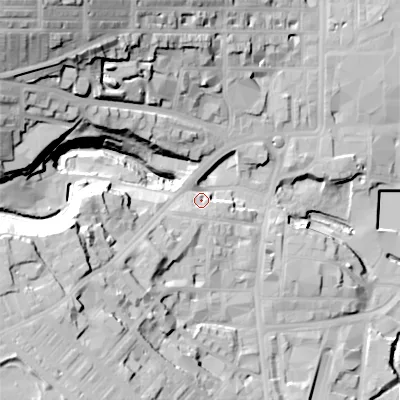 Shaded relief map of the ground around BD211NU, computed from Environment Agency LiDAR. The ground here sits at about 114 m above sea level and falls 63 m across the surrounding 800 m. Surface water reaching this point runs off ground lying to the south-west, 26.0 m higher.
