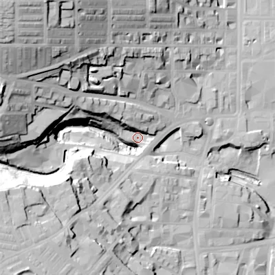 Shaded relief map of the ground around BD211QA, computed from Environment Agency LiDAR. The ground here sits at about 112 m above sea level and falls 65 m across the surrounding 800 m. Surface water reaching this point runs off ground lying to the north-west, 58.2 m higher.