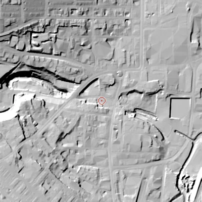 Shaded relief map of the ground around BD211QD, computed from Environment Agency LiDAR. The ground here sits at about 109 m above sea level and falls 59 m across the surrounding 800 m. Surface water reaching this point runs off ground lying to the west-south-west, 28.6 m higher.
