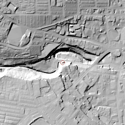 Shaded relief map of the ground around BD211SD, computed from Environment Agency LiDAR. The ground here sits at about 120 m above sea level and falls 63 m across the surrounding 800 m. Surface water reaching this point runs off ground lying to the north-west, 59.5 m higher.
