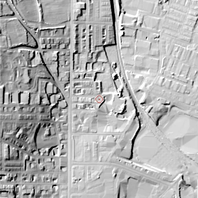 Shaded relief map of the ground around BD213AR, computed from Environment Agency LiDAR. The ground here sits at about 104 m above sea level and falls 45 m across the surrounding 800 m. Surface water reaching this point runs off ground lying to the west, 35.1 m higher.