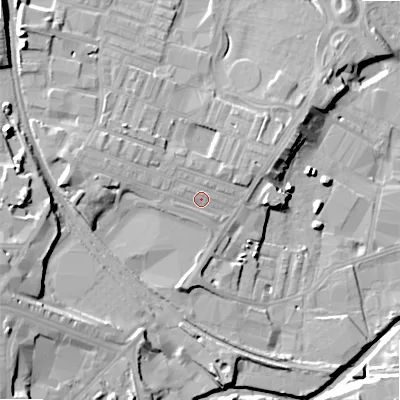 Shaded relief map of the ground around BD213ED, computed from Environment Agency LiDAR. The ground here sits at about 96 m above sea level and falls 20 m across the surrounding 800 m. Surface water reaching this point runs off ground lying to the west-north-west, 3.8 m higher.