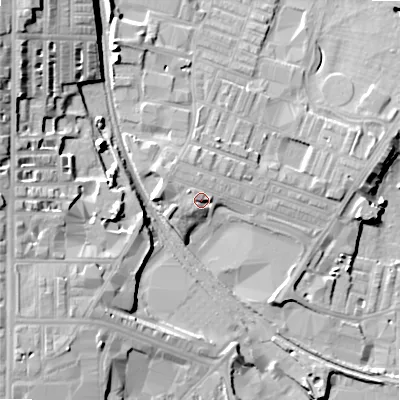 Shaded relief map of the ground around BD213ER, computed from Environment Agency LiDAR. The ground here sits at about 99 m above sea level and falls 24 m across the surrounding 800 m. Surface water reaching this point runs off ground lying to the west, 3.7 m higher.