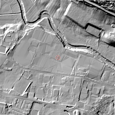 Shaded relief map of the ground around BD214AF, computed from Environment Agency LiDAR. The ground here sits at about 87 m above sea level and falls 34 m across the surrounding 800 m. Surface water reaching this point runs off ground lying to the south-west, 10.0 m higher.