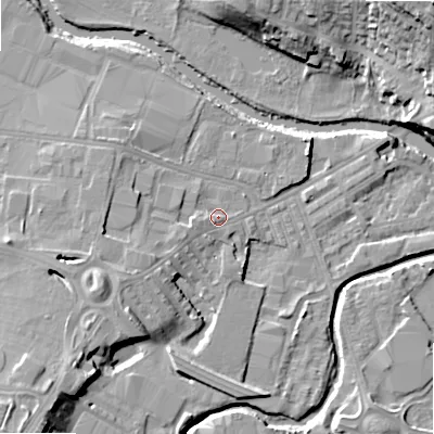 Shaded relief map of the ground around BD214AH, computed from Environment Agency LiDAR. The ground here sits at about 87 m above sea level and falls 23 m across the surrounding 800 m. Surface water reaching this point runs off ground lying to the west-south-west, 1.4 m higher.