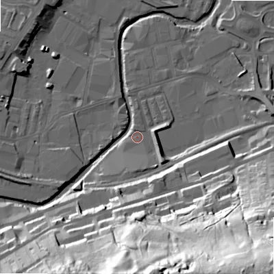 Shaded relief map of the ground around BD214AQ, computed from Environment Agency LiDAR. The ground here sits at about 91 m above sea level and falls 82 m across the surrounding 800 m. Surface water reaching this point runs off ground lying to the south, 4.4 m higher.