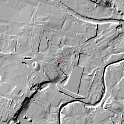 Shaded relief map of the ground around BD214AR, computed from Environment Agency LiDAR. The ground here sits at about 88 m above sea level and falls 16 m across the surrounding 800 m. Surface water reaching this point runs off ground lying to the south-west, 9.9 m higher.