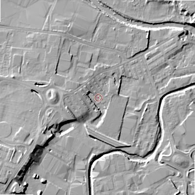 Shaded relief map of the ground around BD214AS, computed from Environment Agency LiDAR. The ground here sits at about 87 m above sea level and falls 17 m across the surrounding 800 m. Surface water reaching this point runs off ground lying to the south-west, 9.9 m higher.