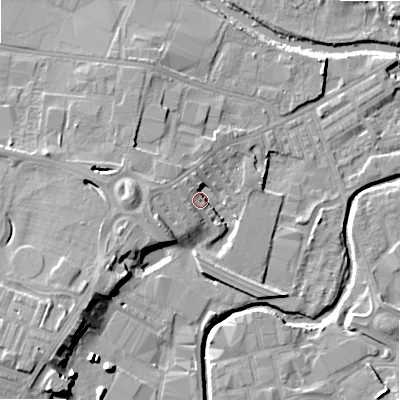 Shaded relief map of the ground around BD214AT, computed from Environment Agency LiDAR. The ground here sits at about 89 m above sea level and falls 16 m across the surrounding 800 m. Surface water reaching this point runs off ground lying to the south-west, 9.9 m higher.
