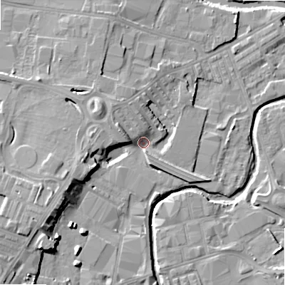 Shaded relief map of the ground around BD214AU, computed from Environment Agency LiDAR. The ground here sits at about 89 m above sea level and falls 16 m across the surrounding 800 m. Surface water reaching this point runs off ground lying to the west-south-west, 9.0 m higher.